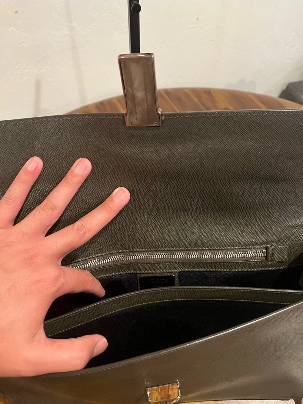 Prada Olive Green Saffiano Leather Portfolio with Push-Lock